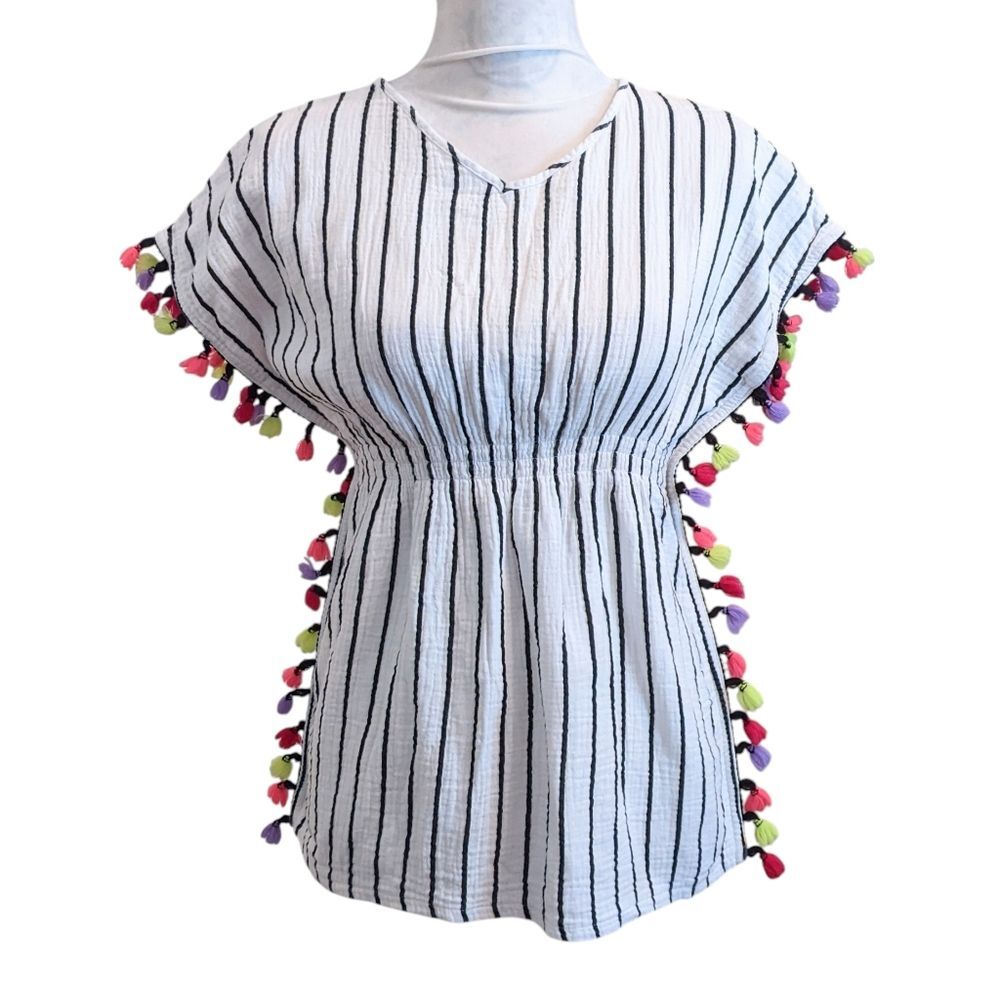ARIZONA Cotton Striped White Top with Colorful Tassels Festival Medium